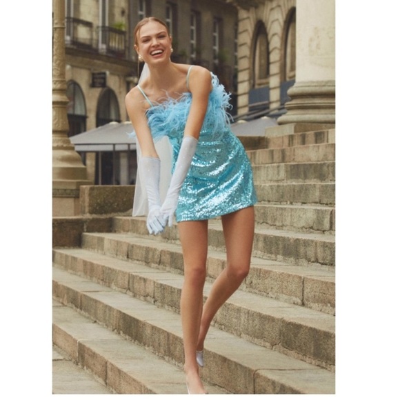 AUDREY ADELE BHLDN ANTHROPOLOGY BLUE SEQUIN DRESS WITH FEATHER TRIM MINI DRESS - Picture 9 of 12